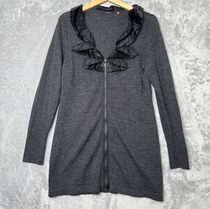 Tahari Sweater Womens Large Charcoal Gray Full Zip Satin Ruffle Collar Tunic